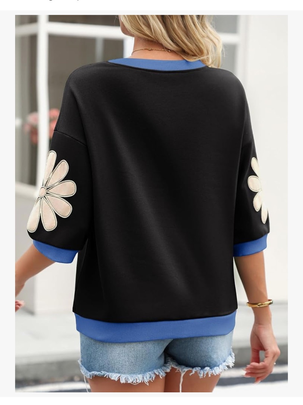 Dokotoo 3/4 Sleeve Shirt Floral Patch Crewneck - Picture 6 of 8
